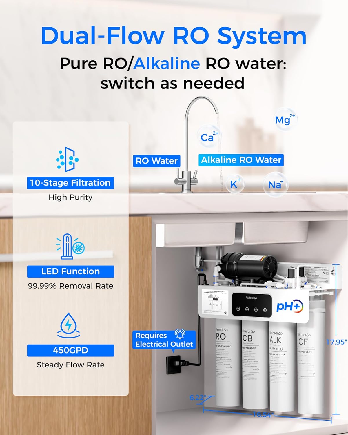 Diagram showing dual-flow RO system providing pure and alkaline water
