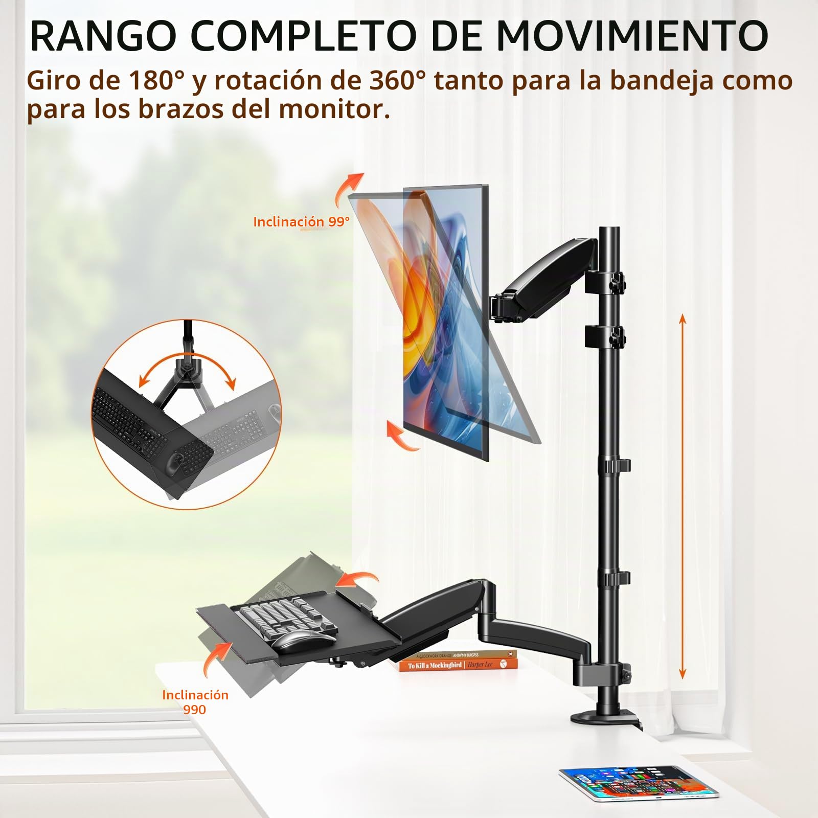 Soporte para Monitor con Bandeja para Teclado: Compatible con monitores de 17 a 32 Pulgadas, Brazo de Gas con Capacidad de hasta 9 kg, Apto para teclados estándar y Grandes, soporta hasta 1 kg