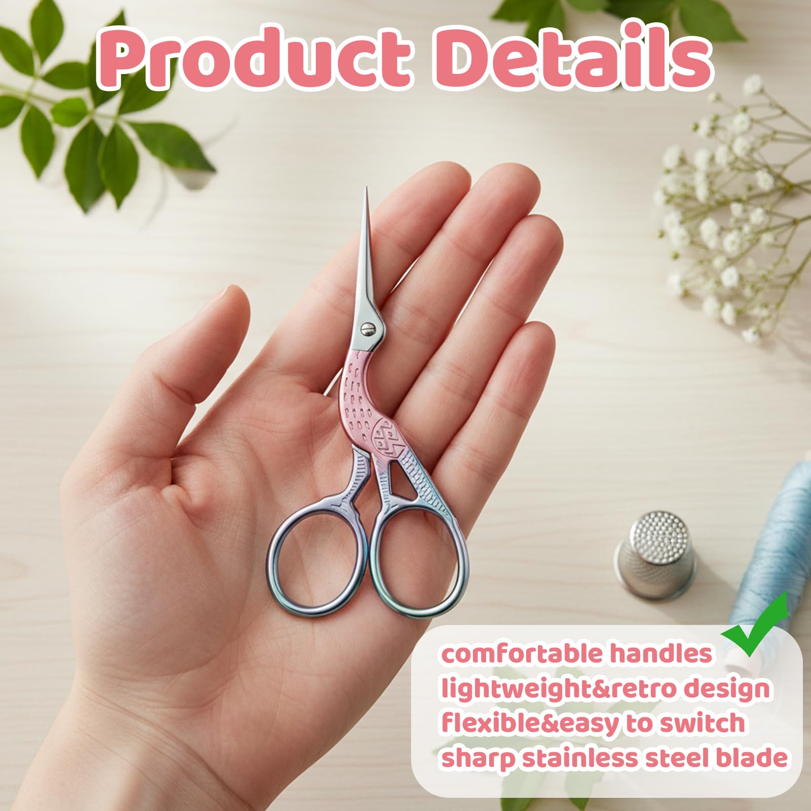 2 Stück Handarbeitsschere, Stickschere Klein Scharf, Fadenschere, Edelstahl Storch Nähschere, Edelstahl Handwerk Schere, für Stickerei, Handarbeiten, Nähen, Basteln mit PU Schere Abdeckung Rosa