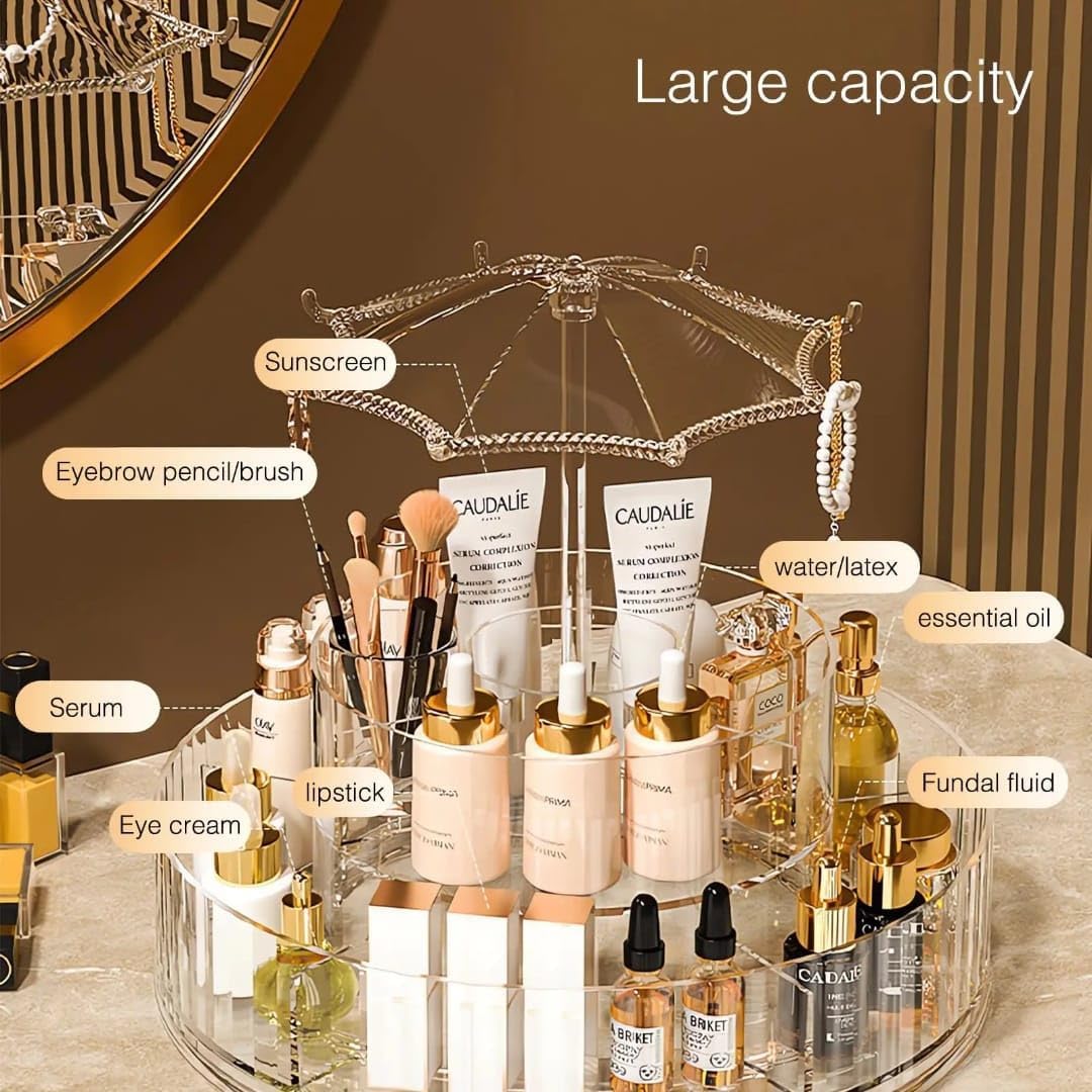KANVIPRIYA 360 Rotating Makeup Organizer with Umbrella Design, 2 Layers Adjustable Carousel Large Capacity Revolving Perfume Organizer, Skincare Cosmetic Storage, Spinning Holder for Vanity 4