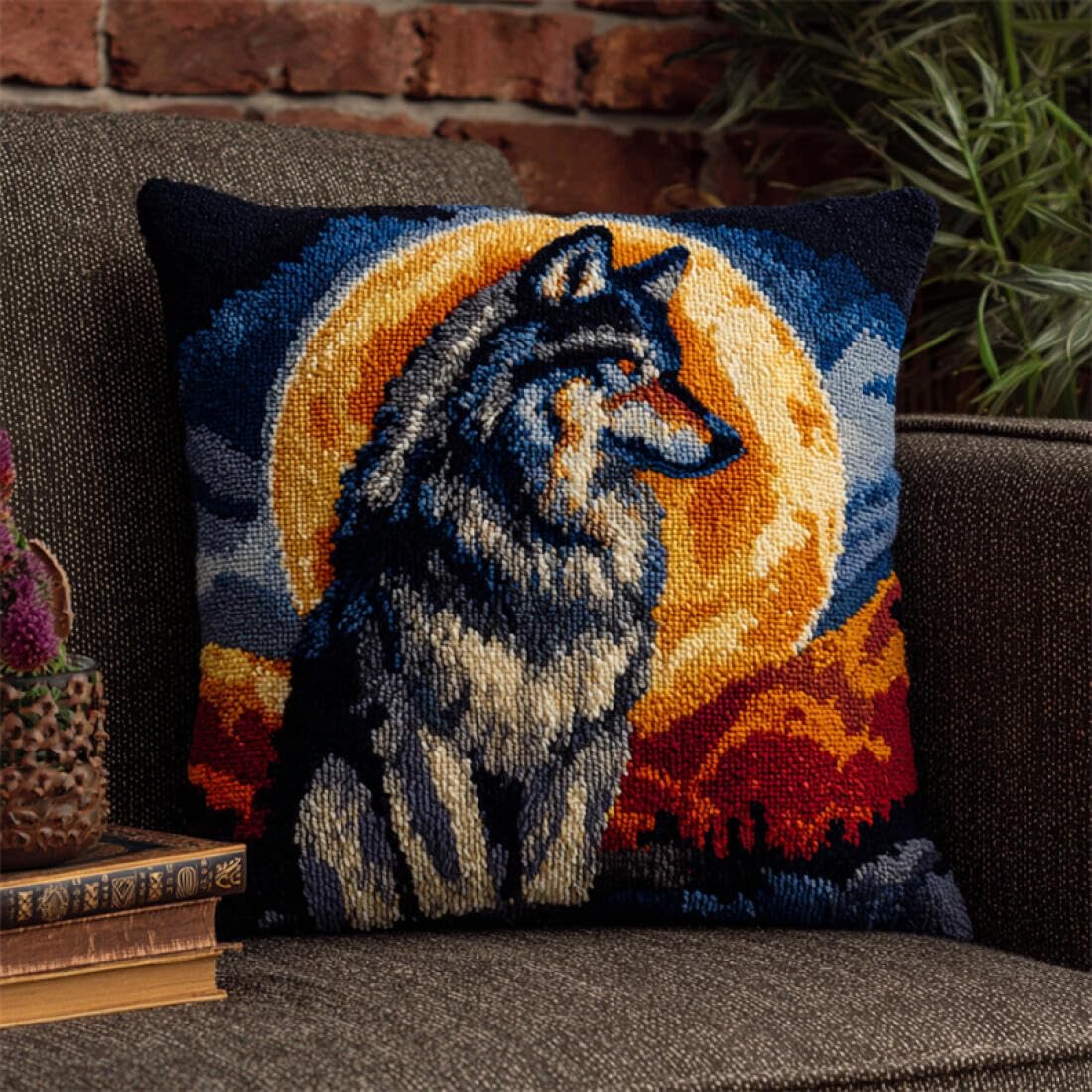 Animal Cushion Making Kit Wolves and The Moon DIY Latch Hook Kits Pillowcase Embroidery,Knitting,Gift for Adults/Beginners 17x17In