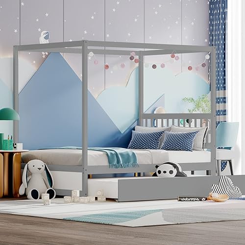 Miniatura 31 de KOMFOTT Cama individual con nido, marco de cama de plataforma de madera maciza, cama para niños con techo para niñas y niños, no necesita somier,