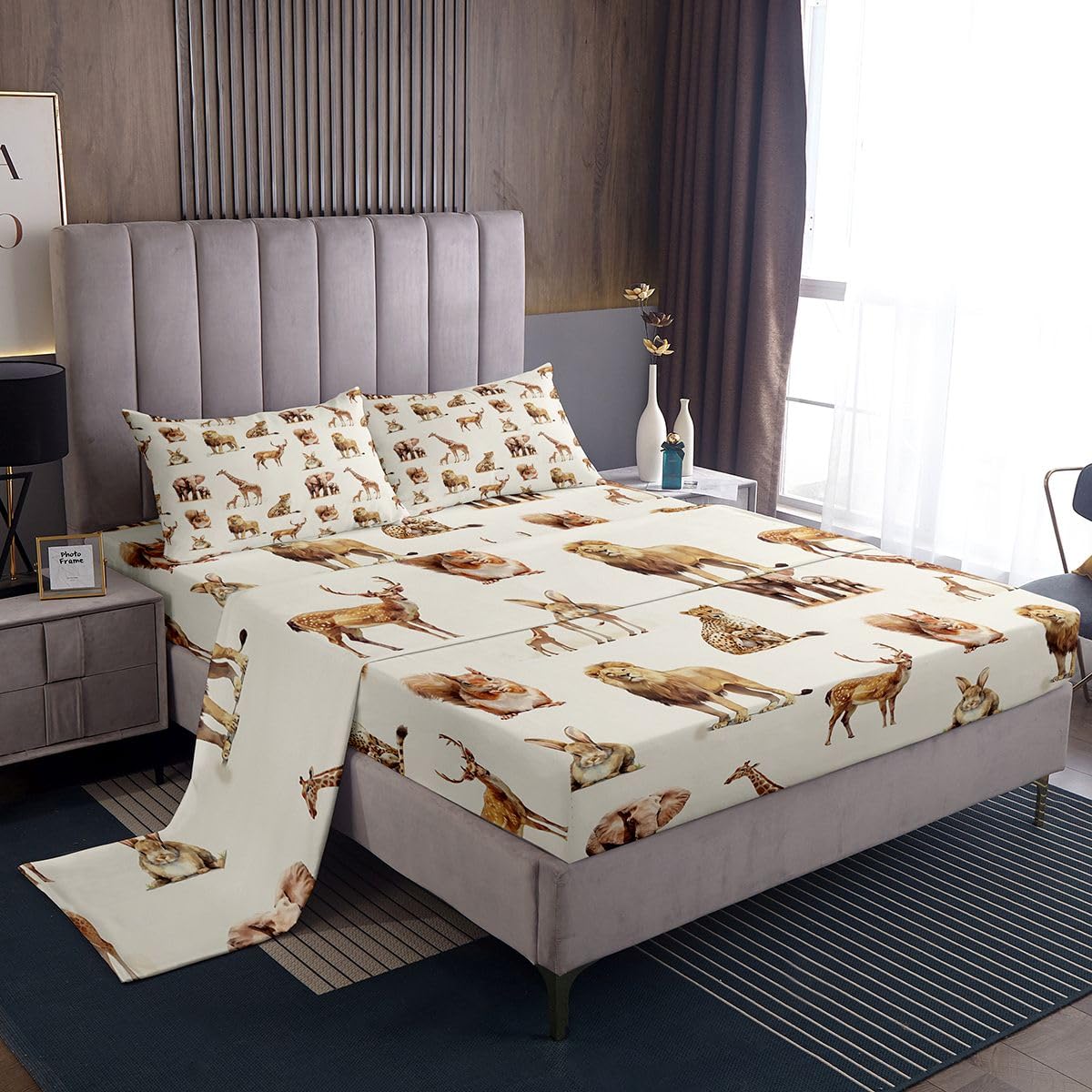 jejeloiu Zoo Animal 4 Pieces Sheet with 26 Inch Deep Pockets Cute Giraffe Lion Bedding for Kids Boys Girls Teens Room Decor Cartoon Animal Bed Sheets Set King Size Wildlife Breathable Soft Microfiber
