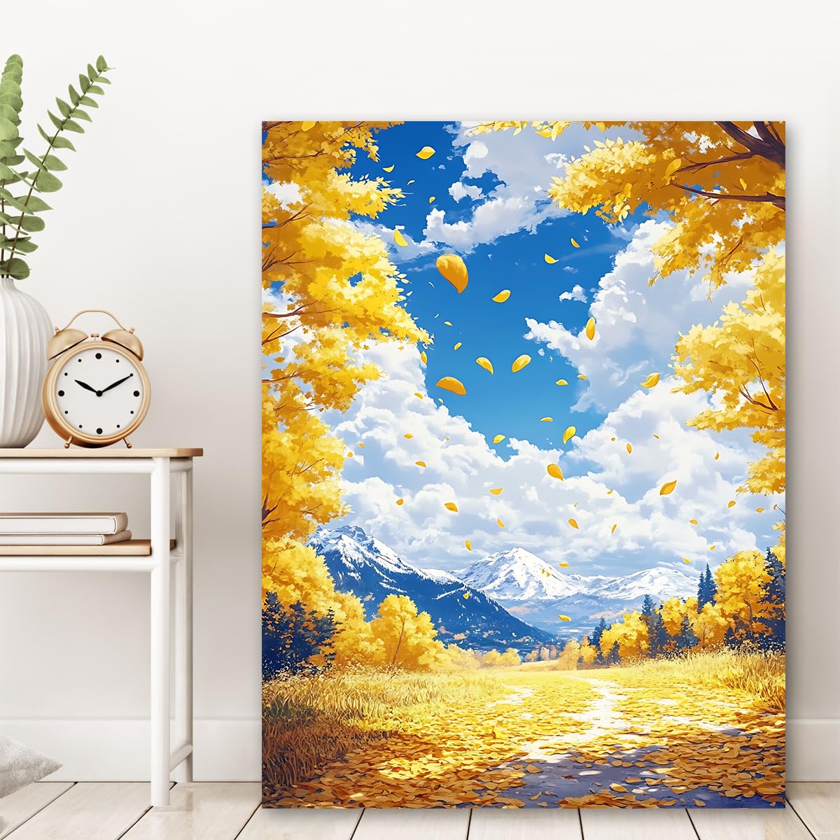 CHERHERART Śnieżne góry estetyczne romantyczne lasy klonowe niebieskie niebo płótno artystyczne do jadalni w domu 40 x 50 cm rama wewnętrzna