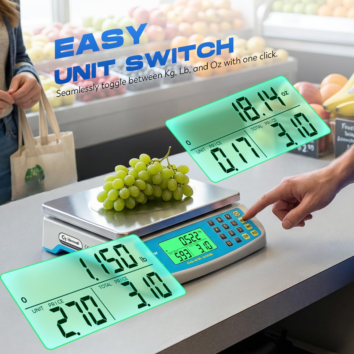 CGOLDENWALL Gewerbliche Küchenwaage 30kg/1g mit Edelstahl-Plattform | Kommerzielle Preisberechnungs- und Zählwaage, KG/LB/OZ, LCD-Display & AC/DC-Strom, für Gastronomie, Bäckerei und Haushalt