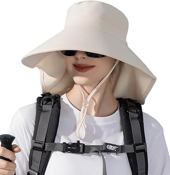 Waterproof Sun Hat with Neck Flap Ponytail Hole, Women Wide Brim Hat Foldable Summer UV Protection Fishing Hat