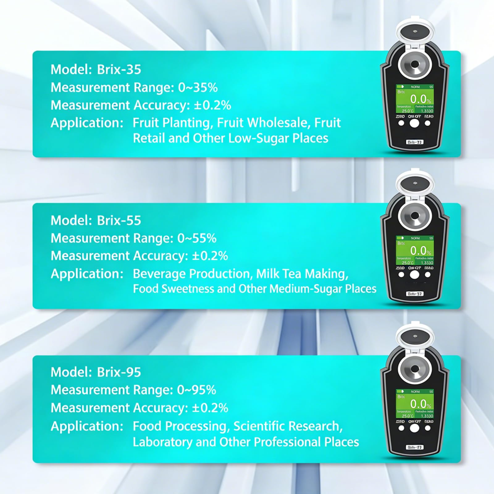Refractómetro digital Brix para medir la concentración de azúcar de frutas, rango 0-95%, ATC 10-40°C, precisión ±0,2%, ideal para frutas, bebidas y dulces