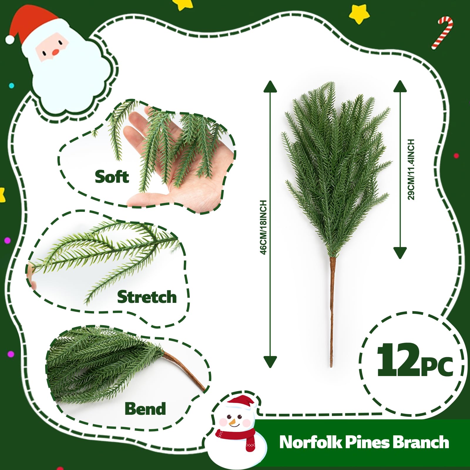 Norfolk-Kiefer-Zweig, 45,7 cm, künstliche Weihnachtsgrünpflanzen, Zweige, künstlicher grüner Stiel, künstliche Zedernkiefern, Picks für Vasen, Basteln, Girlande, Kranz (12, grüner Kiefernzweig)