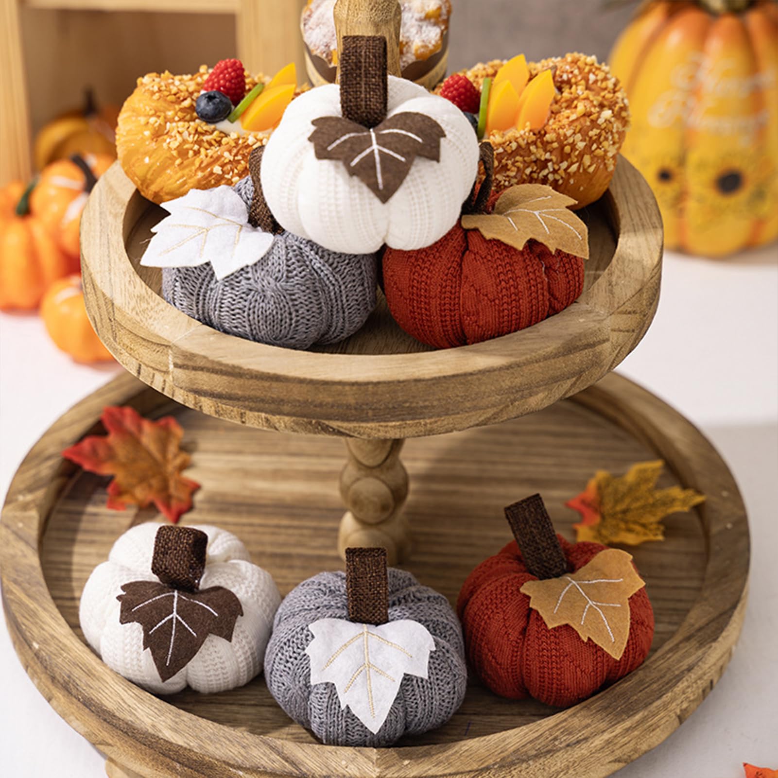 Muiltvoe 6 pcs Knitted Pumpkins Thanksgiving Ornament, 3 Colors Hanging Pumpkins with Maple Leaf for Fall Halloween Tiered Trays,Fireplace,Baskets