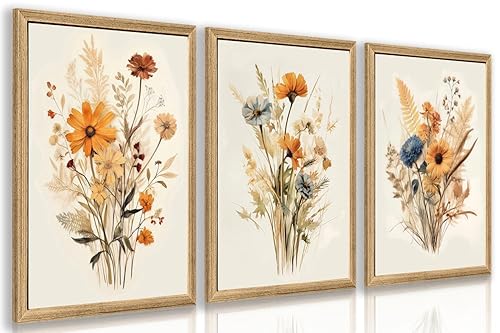Hianan Vintage Orange Wildflower Canvas Wall Art,Country Farmhouse Watercolor Flower