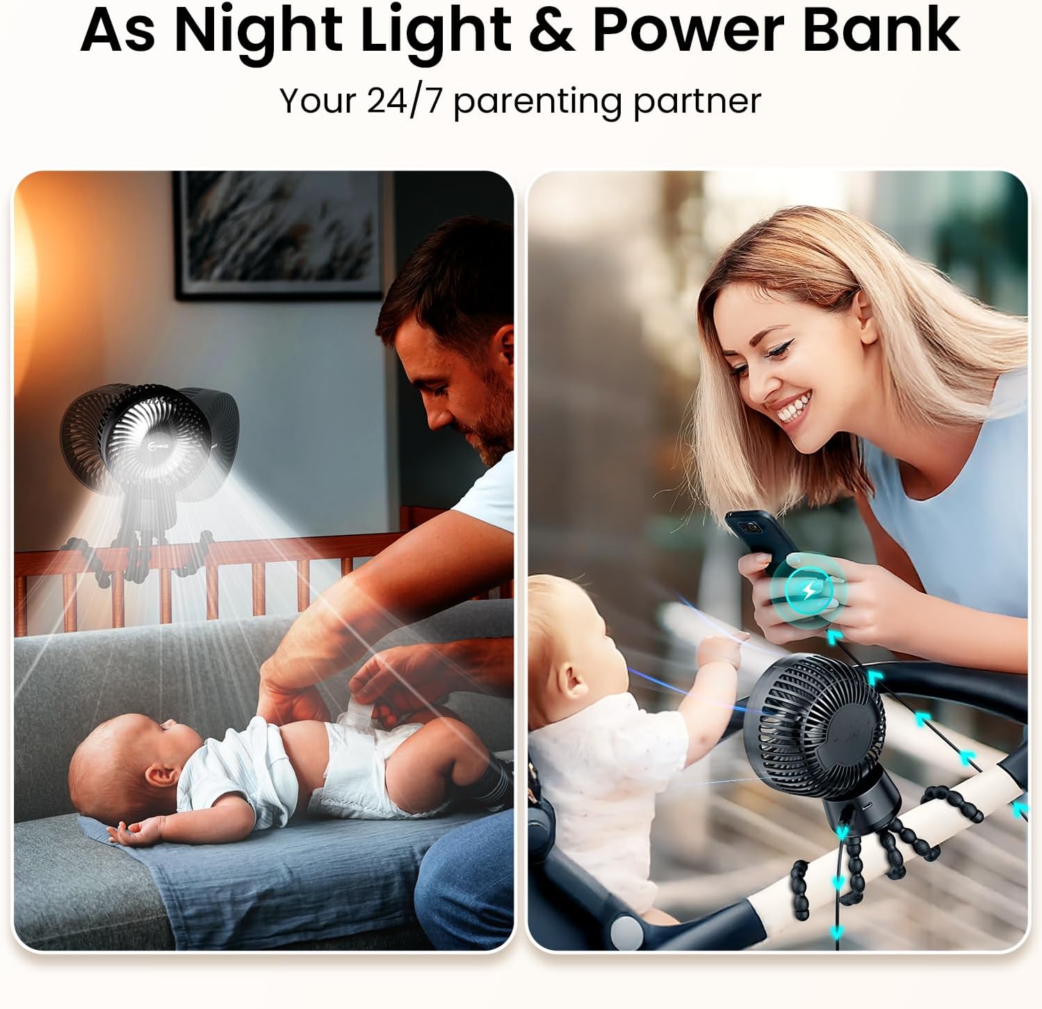 20000mAh Portable Stroller Fan with Auto Oscillating, Extended Anti-Slip Detachable Flexible Tripod, Backup Power & LED Light, 3-Speed Quiet Long Time Clip On Fans for Baby Crib Car Seat Travel