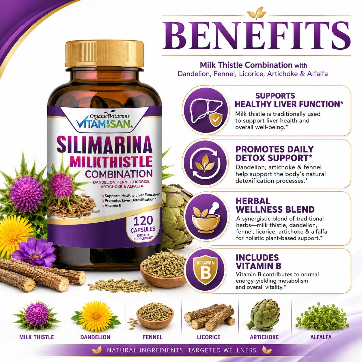 VITAMISAN Milk Thistle silimarina with Dandelion, Fennel. Licorice, Artichoke Alfalfa Detox & Cleansing Formula Support Liver 120 Capsules — Amazon image 4