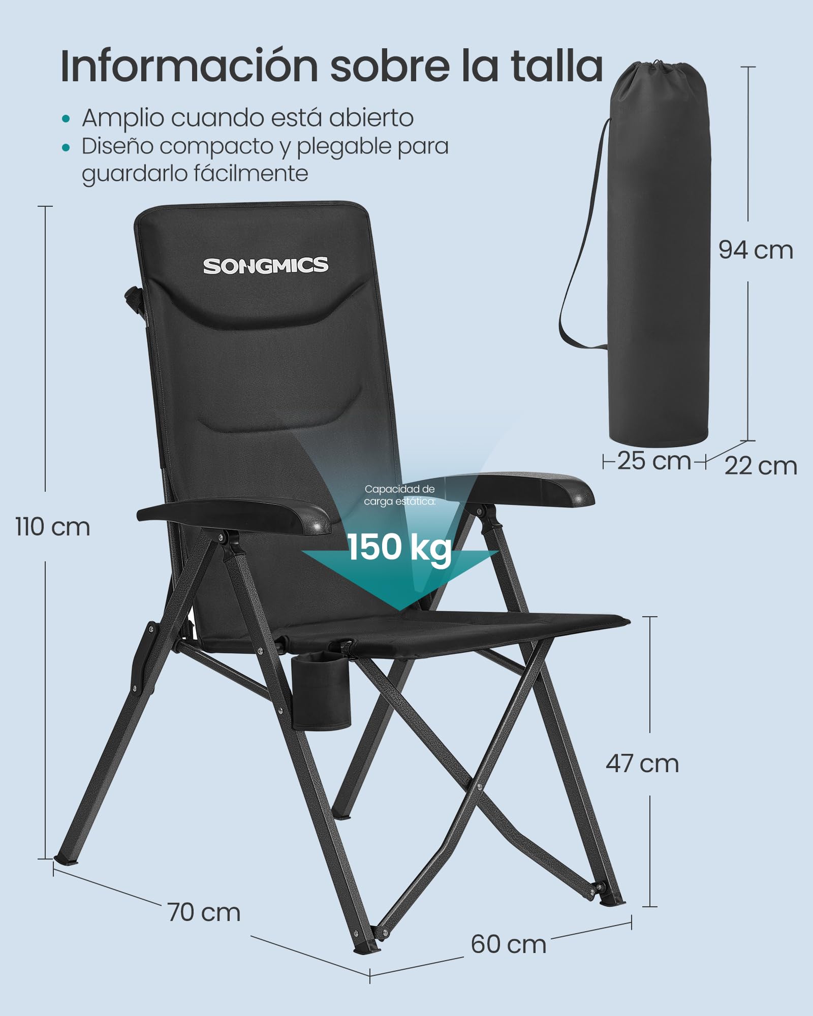 SONGMICS Silla de Camping para Adultos, Reclinable 95°-150°, Plegable, Respaldo Alto Ajustable, con Portavasos y Bolsa con Correa para el Hombro, Jardín, Pícnic, Pesca, Negro GCB015BZ01