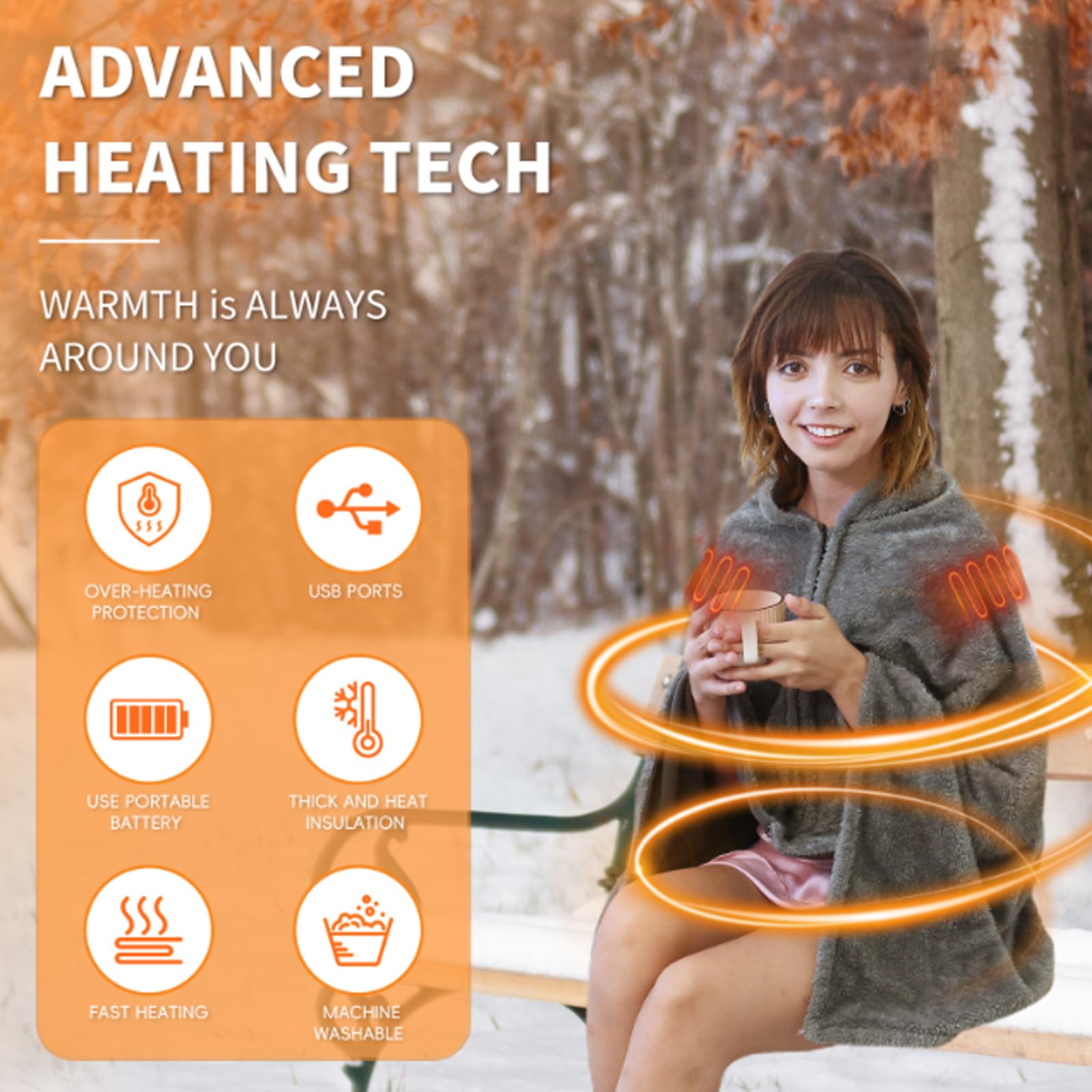 Coperta Termica Ricaricabile USB, Scialle Riscaldante Elettrico in Flanella Con Cerniera Livelli Di 3 Temperatura Morbida Termocoperta Lavabile per Casa, Ufficio, Auto, Campeggio (150x85cm)