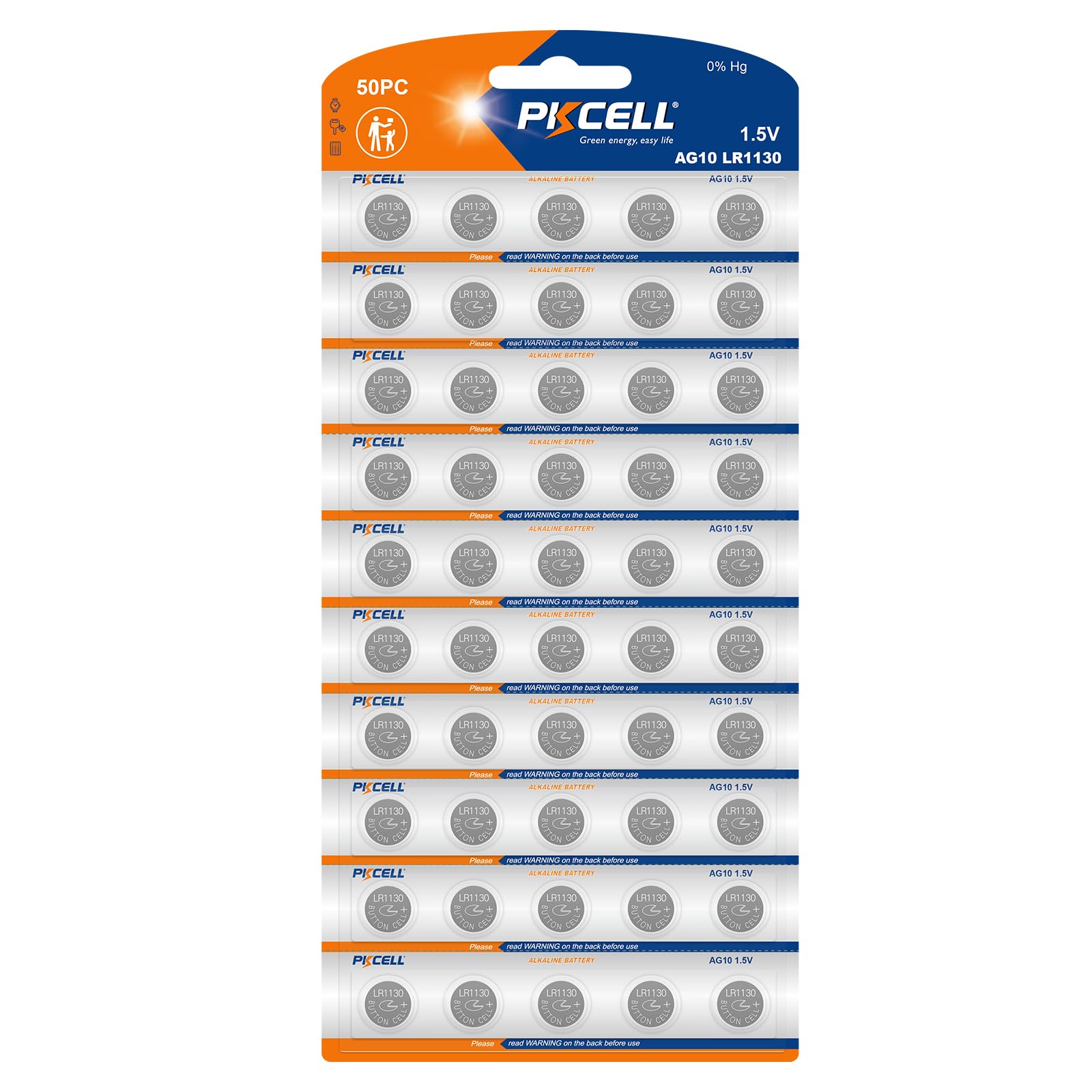 PKCELL 50 Pack LR1130 Battery AG10 389 390 LR54 Button Cell Battery for Watches, Calculators, Lasers, and More