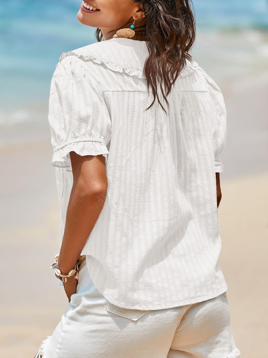 Tankaneo Womens Puff Sleeve Shirts Peter Pan Collar Button Down Cotton Blouse Casual Summer Textured Tops - Image 5