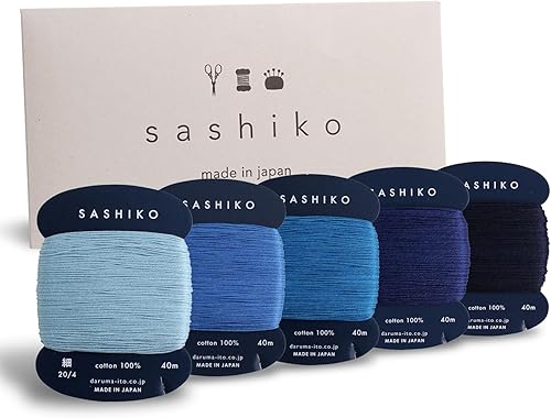 DARUMA Hilo Sashiko 100% Algodón Tipo Tarjeta (43.7 yardas) x 5 Colores con Manual en Inglés, Set de Valor de Costura y Bordado (Fino, Amaoto)