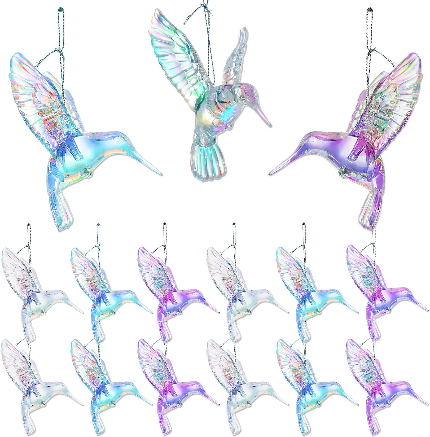 15 Pcs Acrylic Hummingbird Christmas Hanging Ornaments Shiny Iridescent Hummingbird Ornament Acrylic Crystal Xmas Tree Pendants with Fish Line for Home Christmas Tree Party (Purple, Blue, Rainbow)