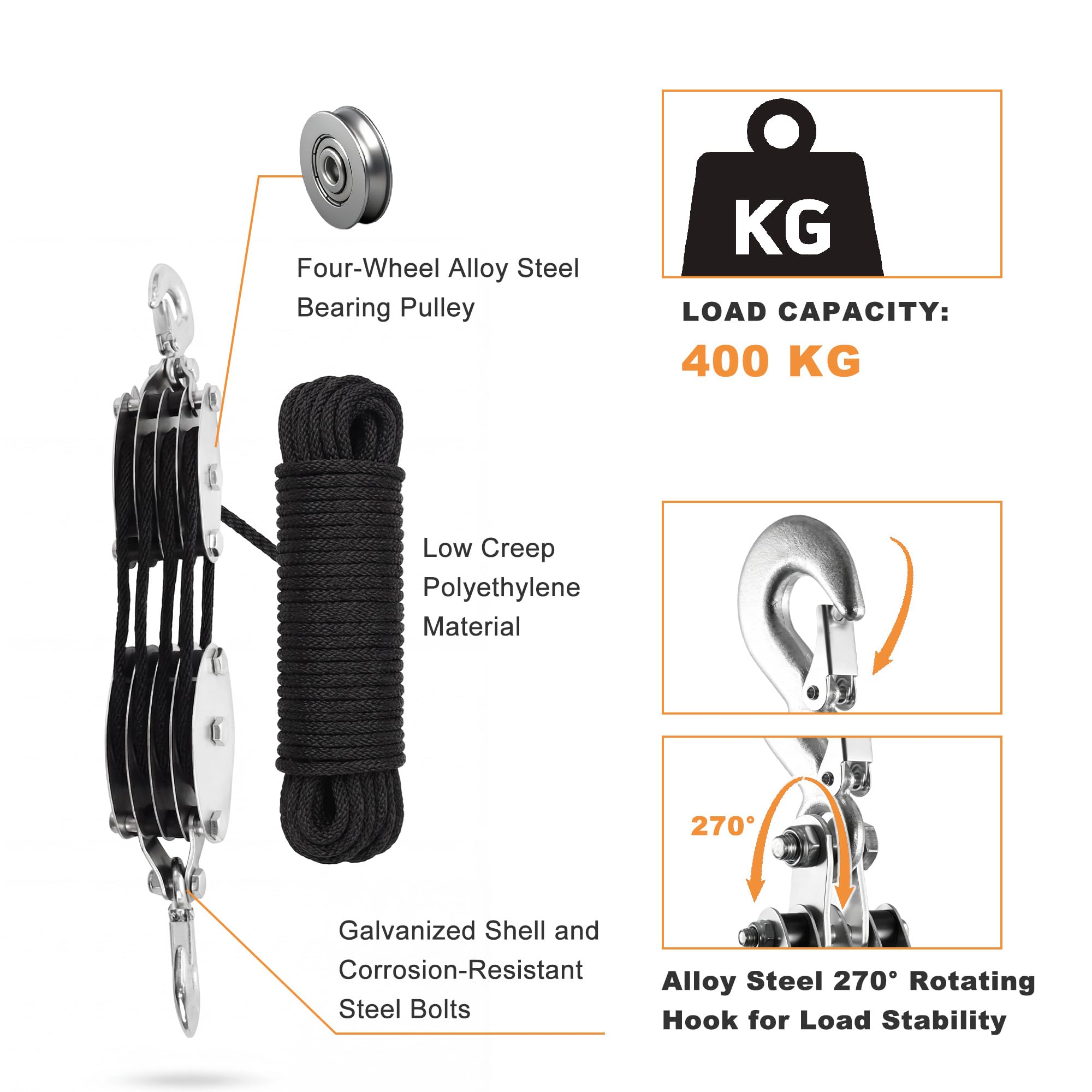 Flaschenzug mit 20m Nylon Seilbremse, 400kg Tragkraft, Max. 8:1 Hubkraft, Um 270° Drehbar, Zum Heben Schwerer Lasten