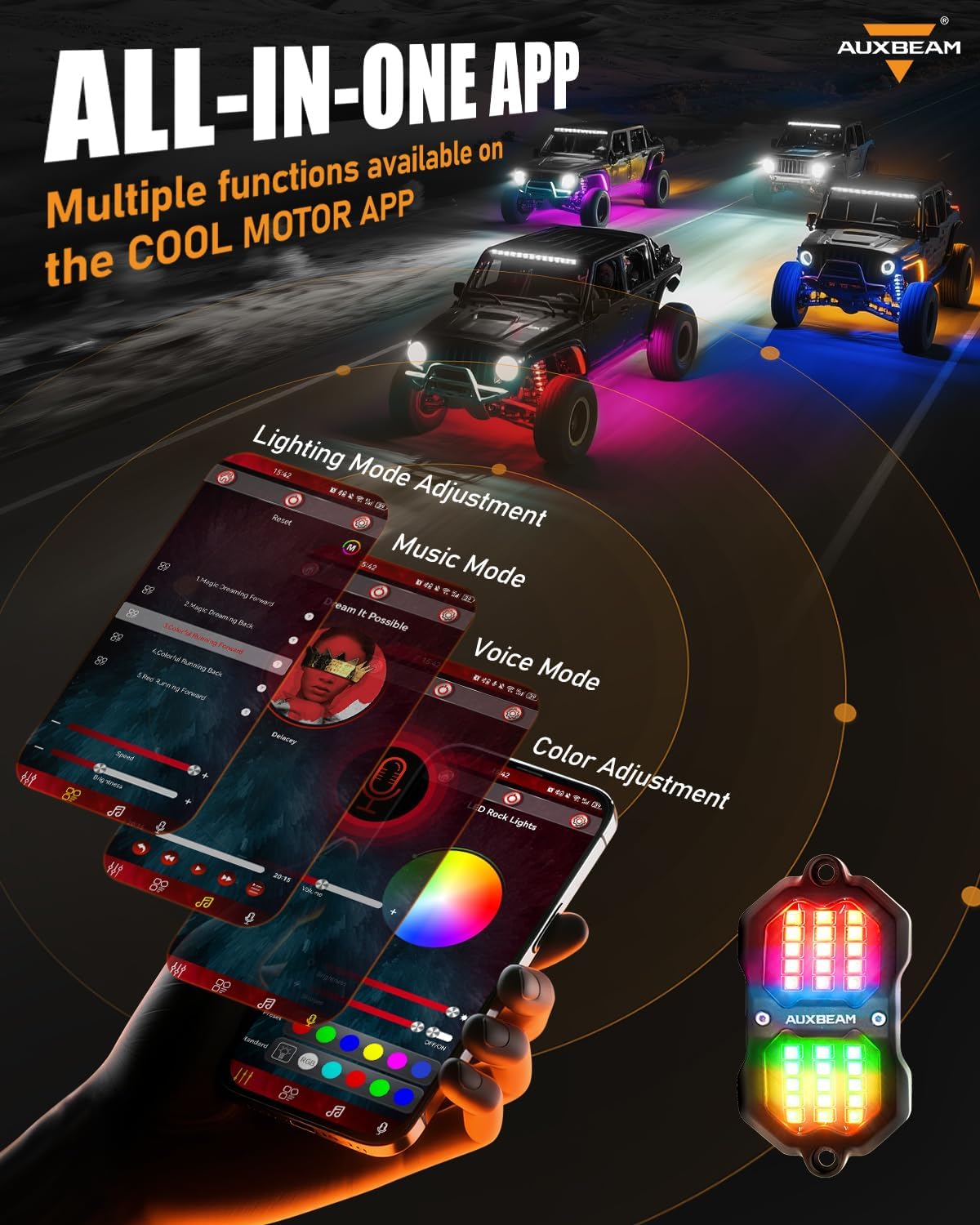 Auxbeam Small Version 4 Pods Dynamic RGB LED Rock Lights w/Bluetooth APP Remote Control + 2-Pod Rock Lights Extension Kit