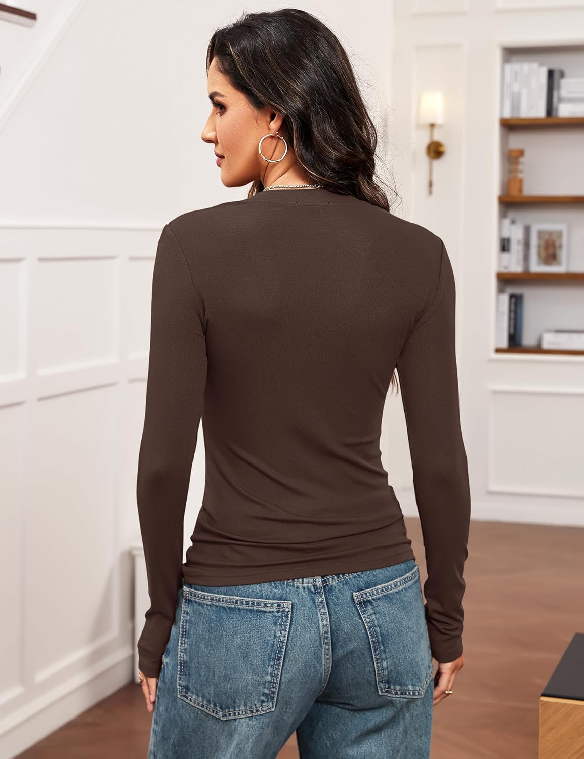 Womens Long Sleeve Shirts V Neck Casual Work Tops 2025 Fall Slim Fitted Basic Tee - Image 4