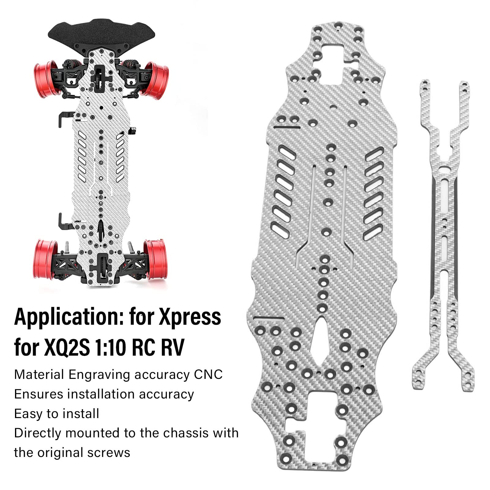 for 1:10 RC Car Chassis, 3K Carbon Fiber Material, CNC Machined, Hollow Design, Lightweight, Flexible, Drift Performance (SSG de plata)