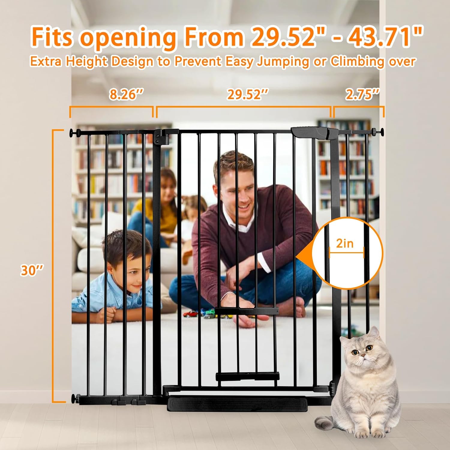 30 Inch Tall Baby Gate with Small Cat Door, Adjustable Auto Close Dog Gate Easy Walk Thru Pet Door for Stairs, Doorway, House (Black, 29.52-43.71)