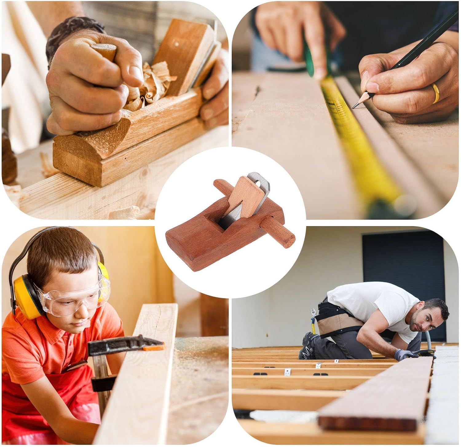 Garneck Wooden Hand Planer Tool with Hardened Manganese Blade, Brown Small Carpenter Trimming Plane Featuring Flat Bottom and Contoured Shape for Precise Woodworking and DIY Projects