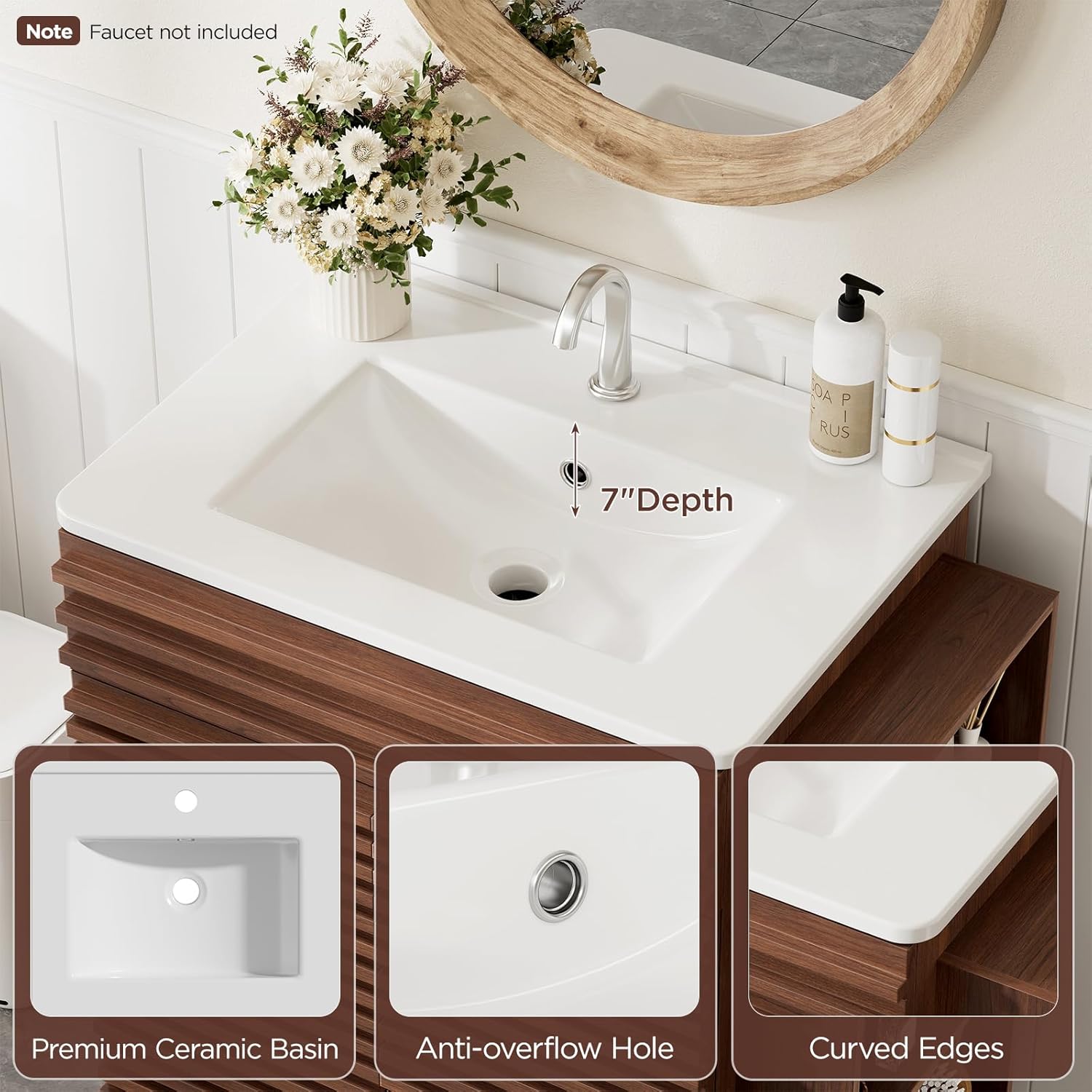 Vabches 29" Bathroom Vanity with Sink, Mid-Century Bathroom Vanity Cabinet with 3 Open Side Storage Shelves and 1 Drawer, Free Standing Small Bathroom Sink Cabinet Combo Set, Walnut