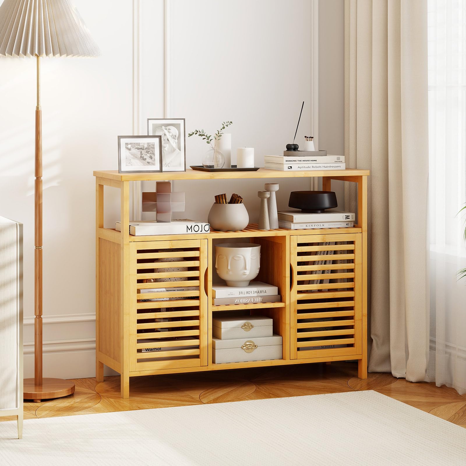 KOMFOTTEU Credenza Cucina in Bambù, Mobile da Bagno con Ripiani Aperti e 2 Porte, Armadio a Buffet a Doghe per Soggiorno, Sala da Pranzo, 100 x 35 x 80 cm, Naturale