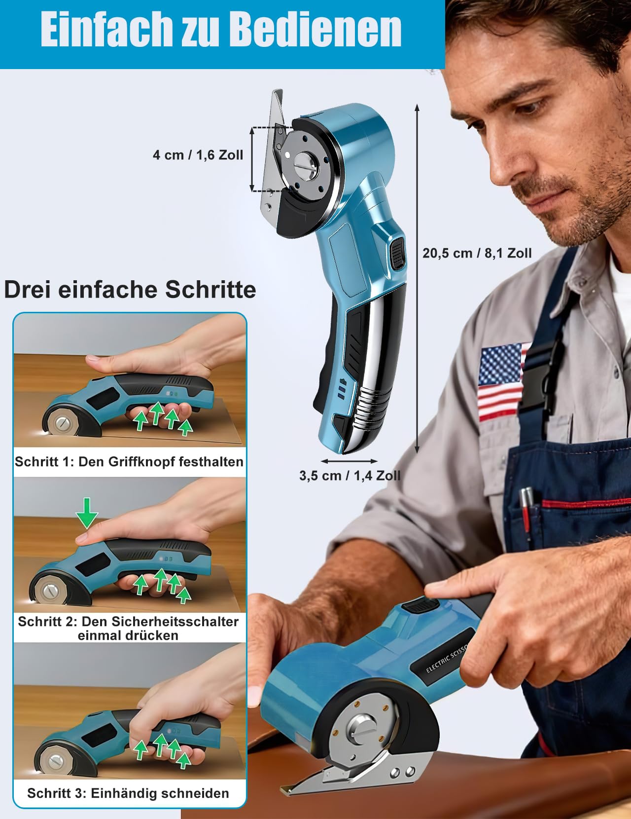 Elektrischer Schere, Tragbarer Kartonschneider mit Sicherheitsschalter, Kabellos Rotationsschneider Wiederaufladbar mit 320 U/min Zum Schneiden von Leder, Karton, Teppich, Filz (Blau)