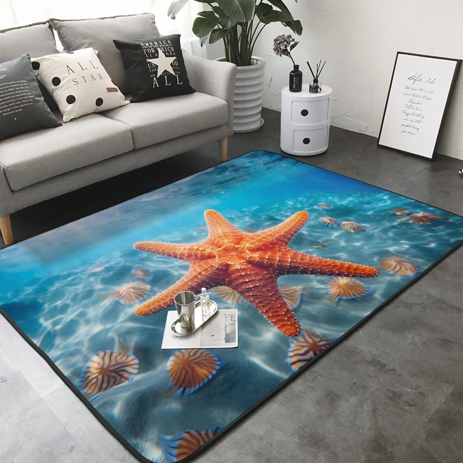Starfish Printed Flannel Floor mat 80x58 inches for Bedroom, Living Room, Study Room Decorative Carpet