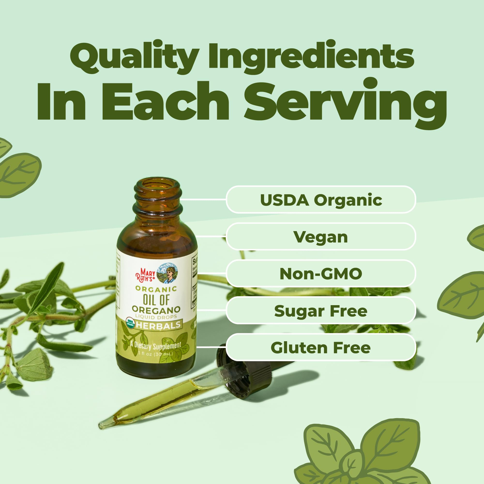 MaryRuth Organics, Oil of Oregano Drops, Huile d'Origan Végétalienne en Gouttes, 30ml, Testé en Laboratoire, Végétarien, Sans Gluten, Sans Soja, Sans OGM