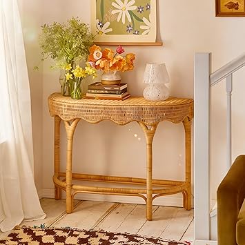 Rattan Accent Console Table,Farmhouse Console Tables Behind Couch, Narrow Hallway Table,Retro Industrial Hallway Accent Tables for Living Room, Entrance