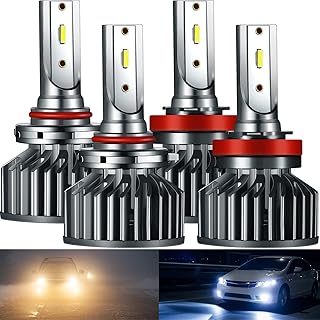 Frienda 4 Pcs 9005/HB3 H11/H9/H8 LED Car Headlight Bulbs Combo, 6000K Bright White Plug Play H11 9005 Automotive Headlight Bulbs for Halogen Replacement High Low Beam Easy Installation