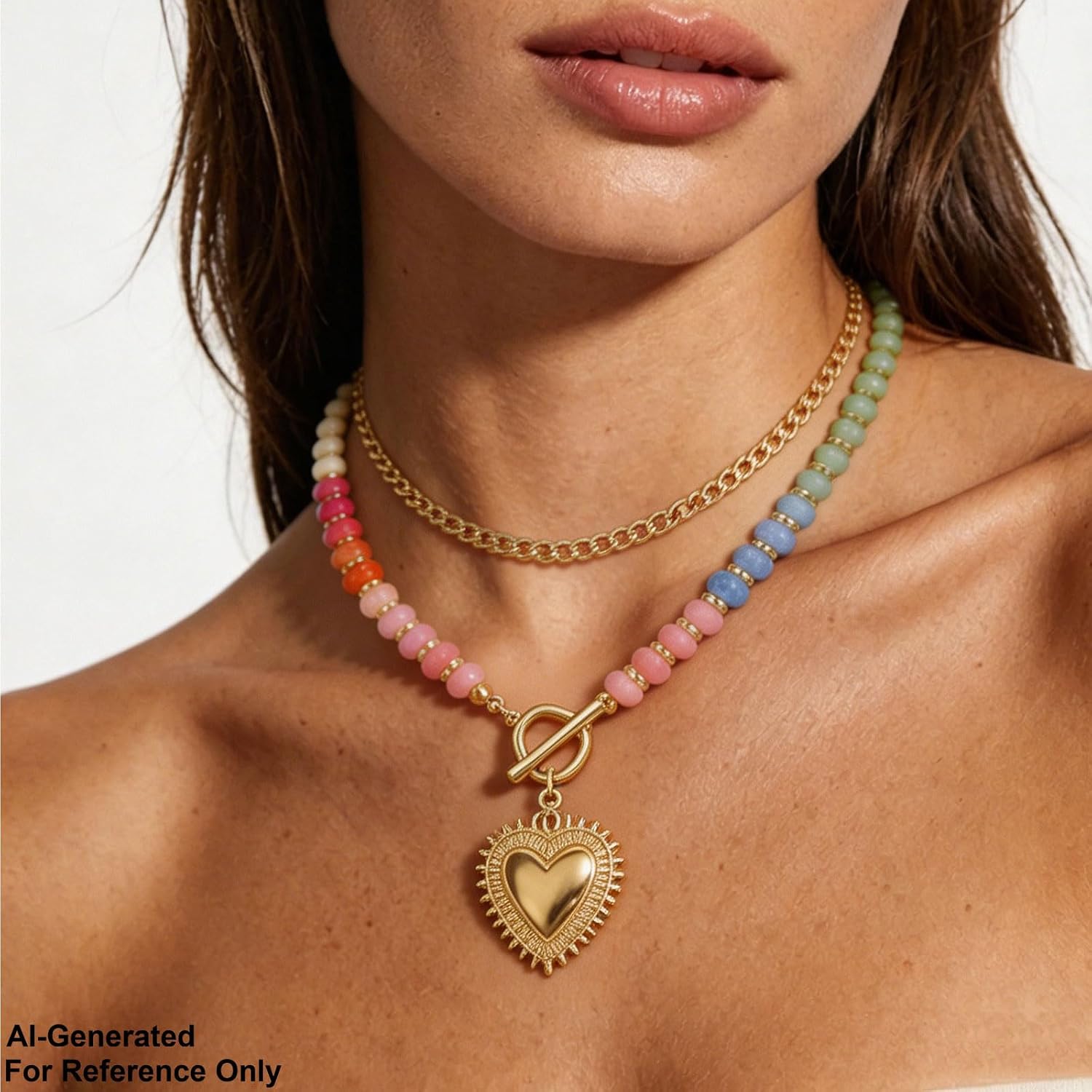 Layered Chunky Colorful Beaded Necklace for Women Gold Heart Pendant Necklace Chunky Gold Cuban Link Chain Necklace Summer Beach Jewelry Gifts