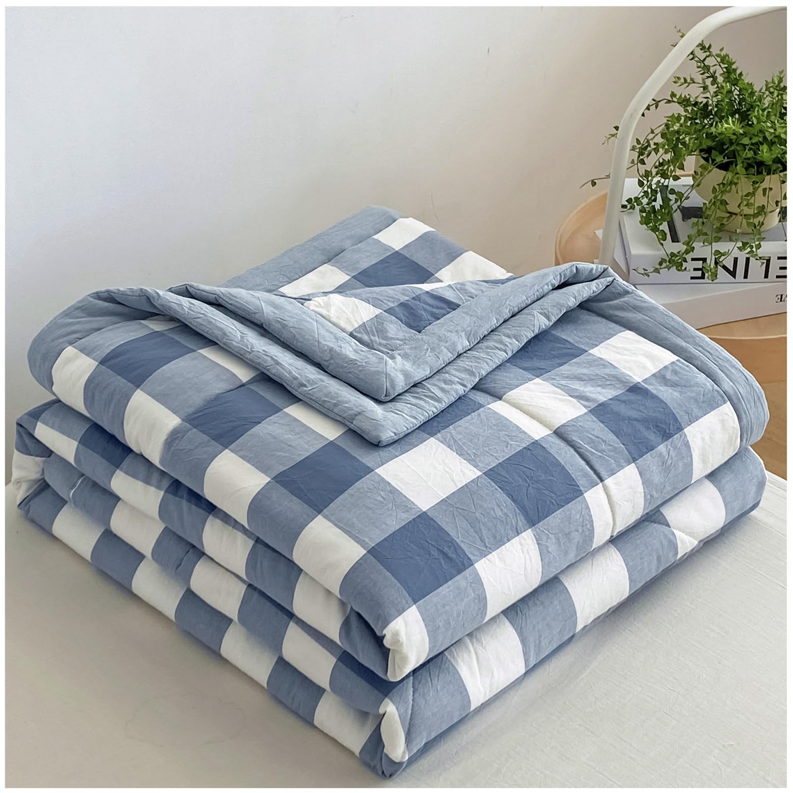 Gofohimi F New Modern Air Condition Cotton Quilt - Lightweight Blanket Quilted Spring/Summer Thin Quilt Cotton Breathable Comforter Plaid Print Quilts Bedspread,,180X200cm