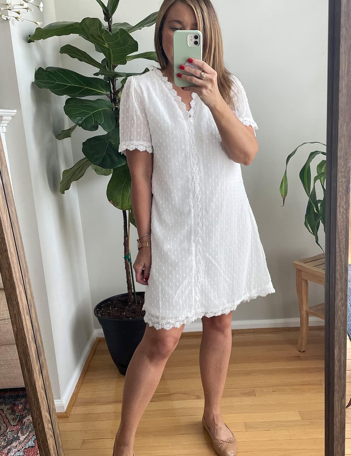LookbookStore Women's Summer V Neck Casual Short Sleeve Swiss Dot Lace Shift Dress