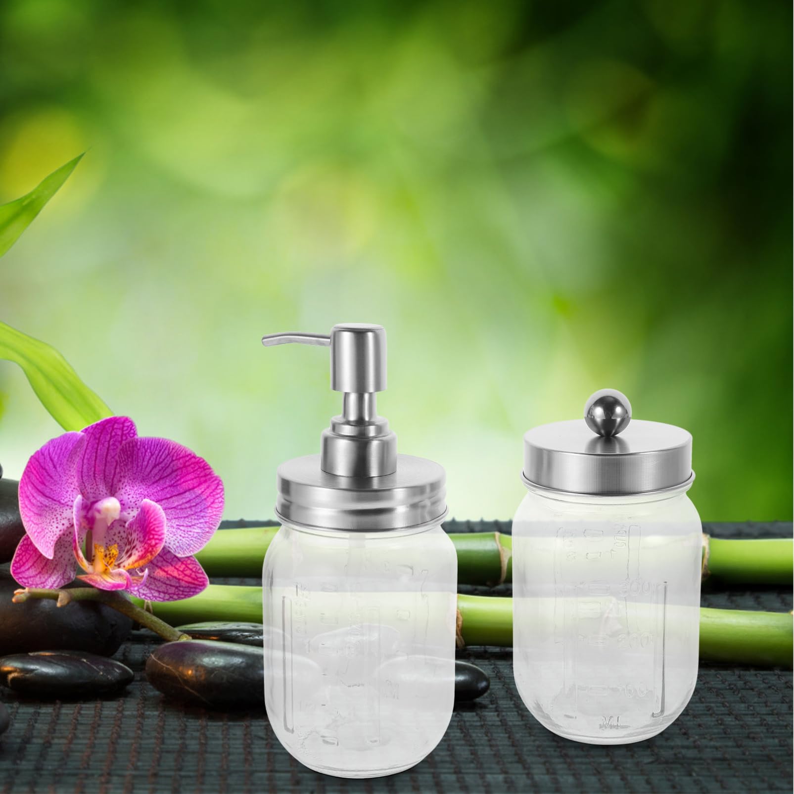 ULTECHNOVO Set Accesorios Baño 5 Piezas Dispensador de Jabón de Espuma, Soporte para Cepillos de Dientes y Tarros de Almacenamiento de Vidrio y Acero Inoxidable para Baño