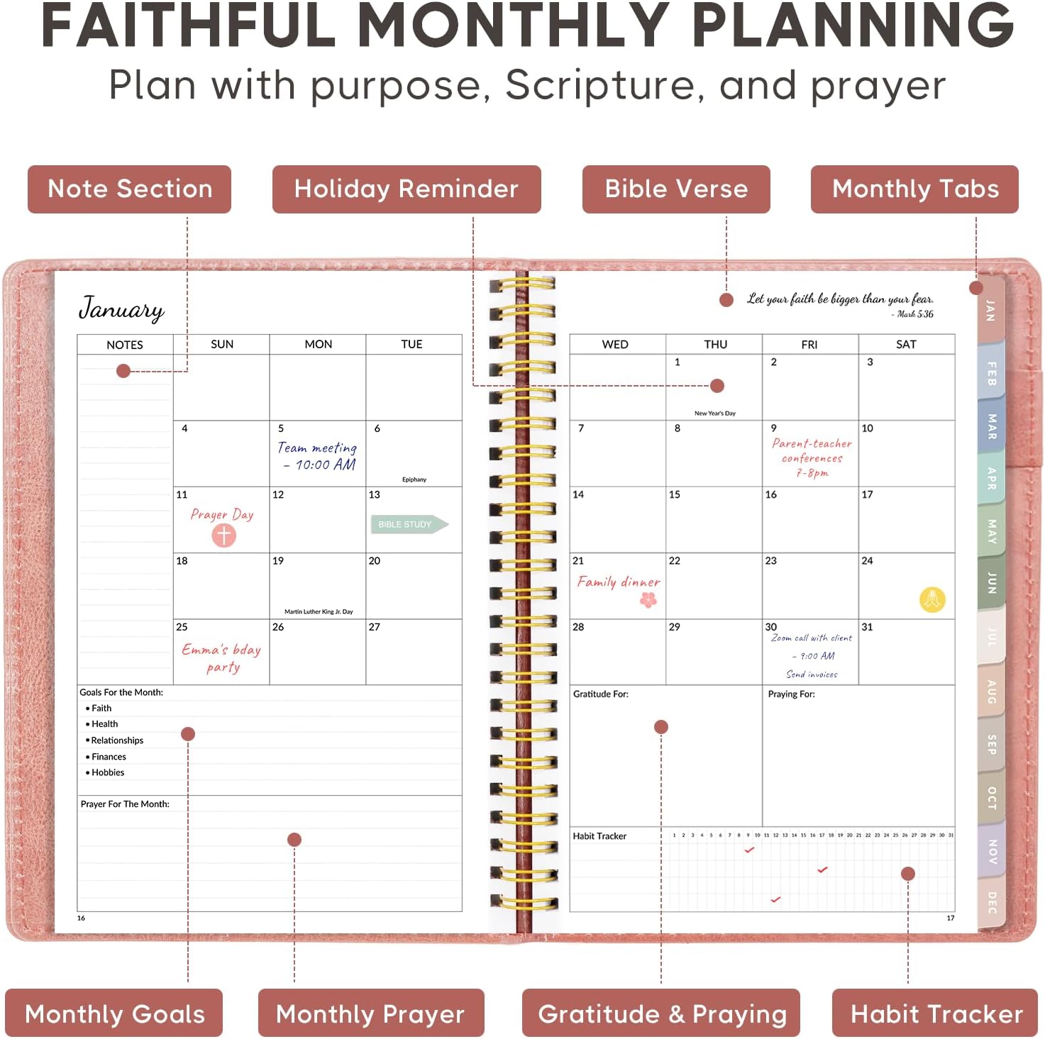 2026 Christian Planner, Bible Planner & Prayer Journal A5 Spiral Bound, Weekly & Monthly Faith Planning for Women & Men (Brown)