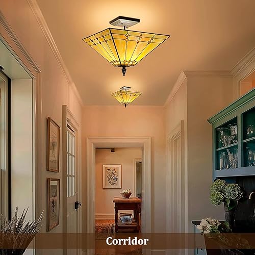 Miniatura 3 de Lámpara de techo estilo Tiffany de 14 pulgadas de ancho, estilo amarillo, vitral, decoración para sala de estar, comedor, dormitorio, pasillo,