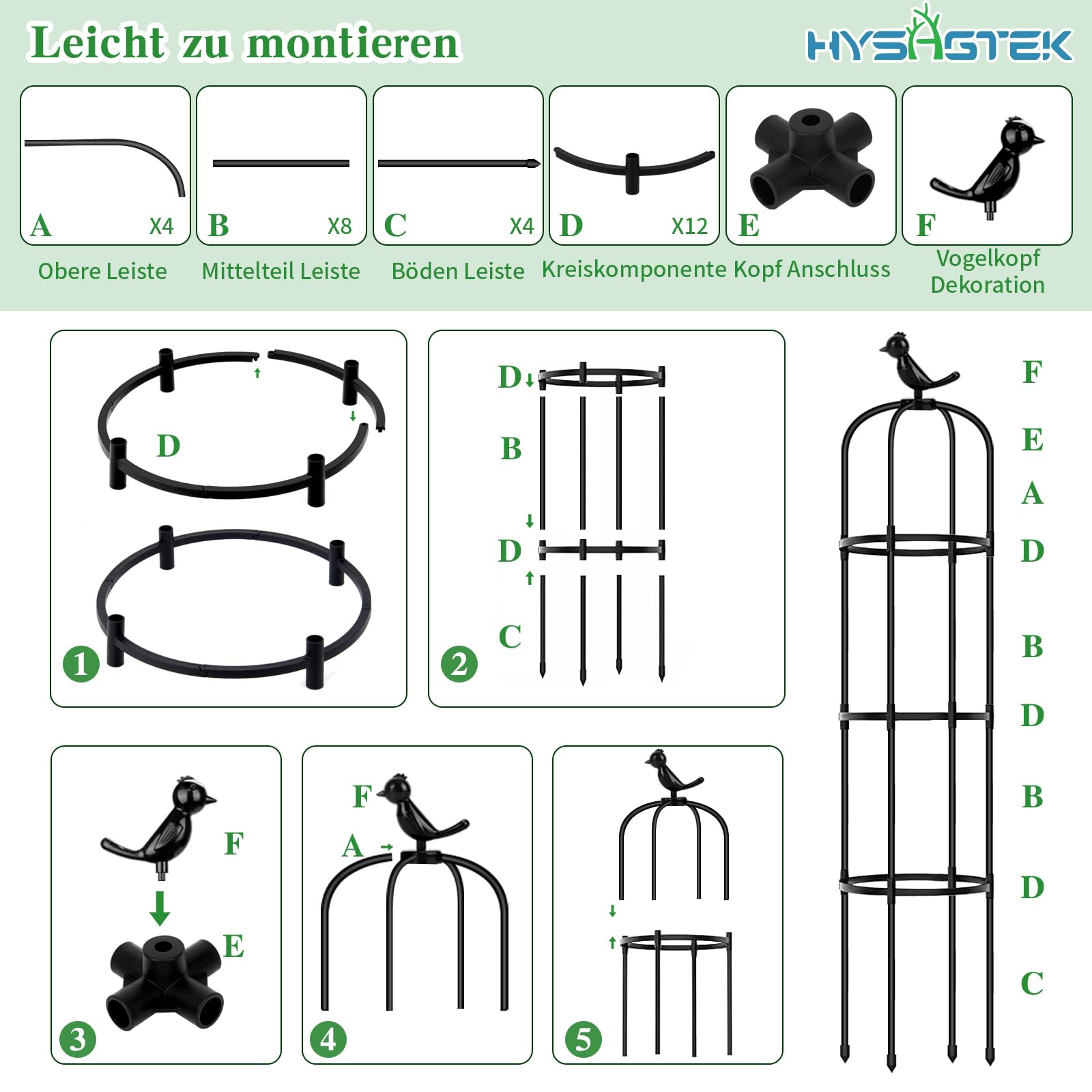 Hysagtek Rankhilfe Garten,145cm Obelisk Rankhilfe Brombeeren für Pflanzen Rankhilfe Rosen,Abnehmbar Glasfaser Rankturm mit 20 Stück Pflanzenklammer für Rosen Blumen und Tomaten Kletterpflanzen