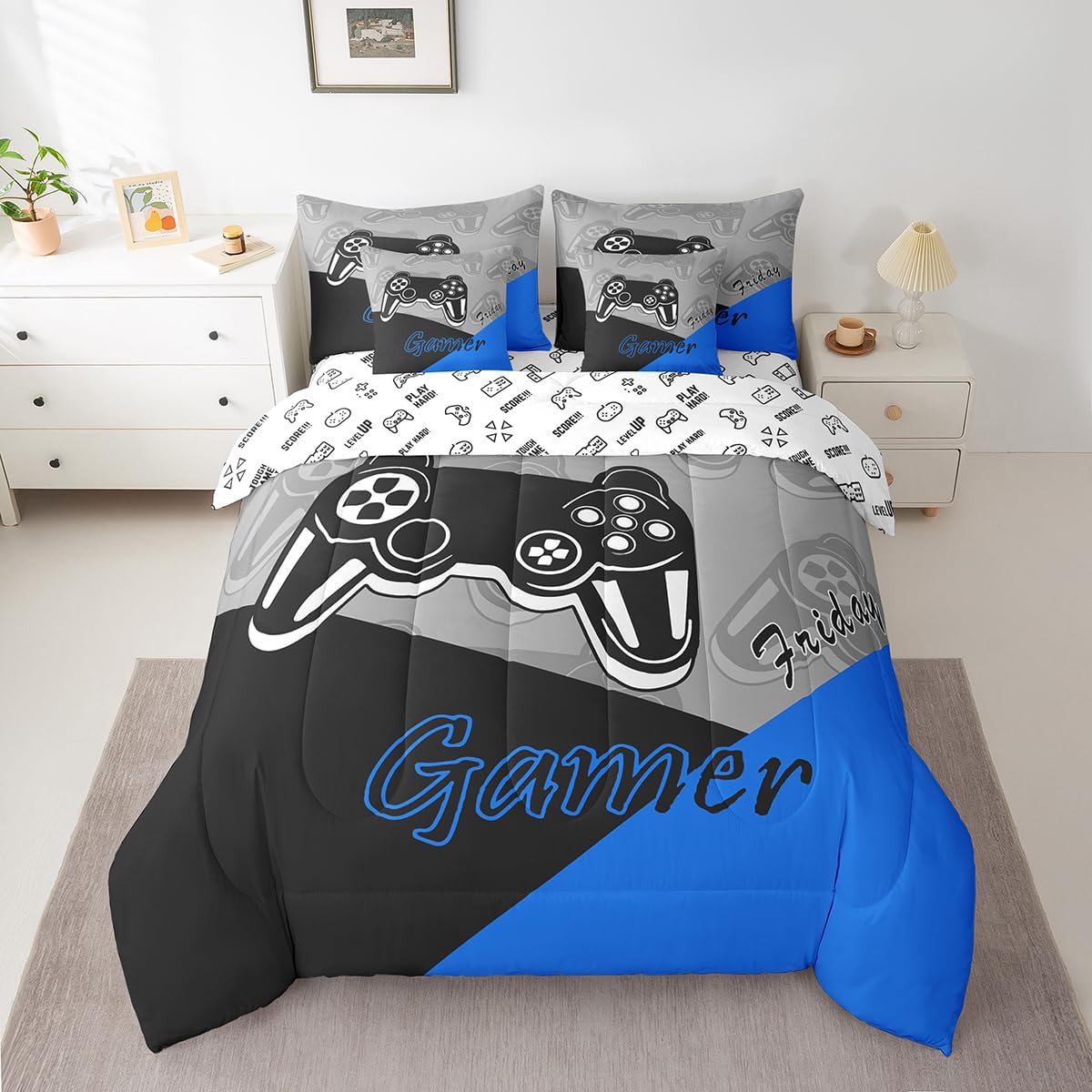 Feelyou Gaming Bed in a Bag for Boys Teen Video Game 7 Piece Bedding Set Full Size for Kids Gamer Comforter Set with Sheets for All Season Gamepad Home Decor Bed Set Blue Black Grey