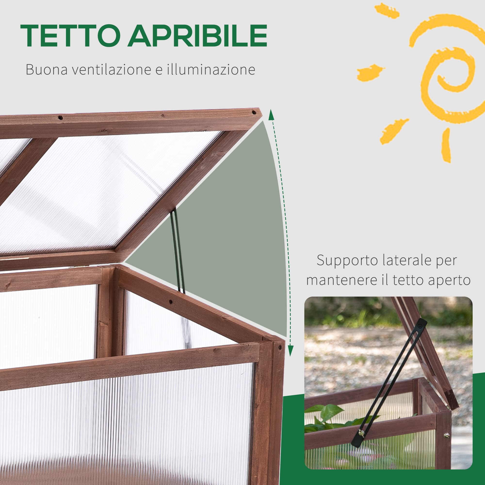 Outsunny Mini Serra da Giardino Letto per Orto Rialzato per Piante Struttura in Legno e Policarbonato con Tetto Apribile e Inclinato, 90x50x93cm