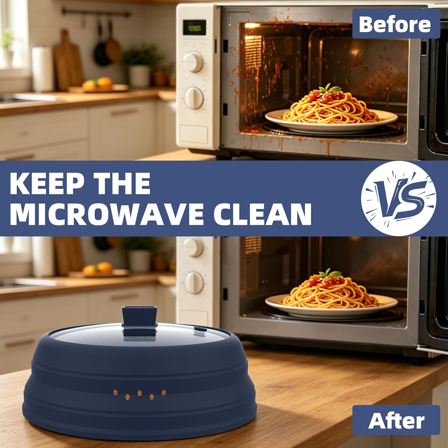 Microwave Splatter Cover Glass Cover Guard Lid with Collapsible Silicone for Food Pot Plate Cover 10.8 inch Dark Blue
