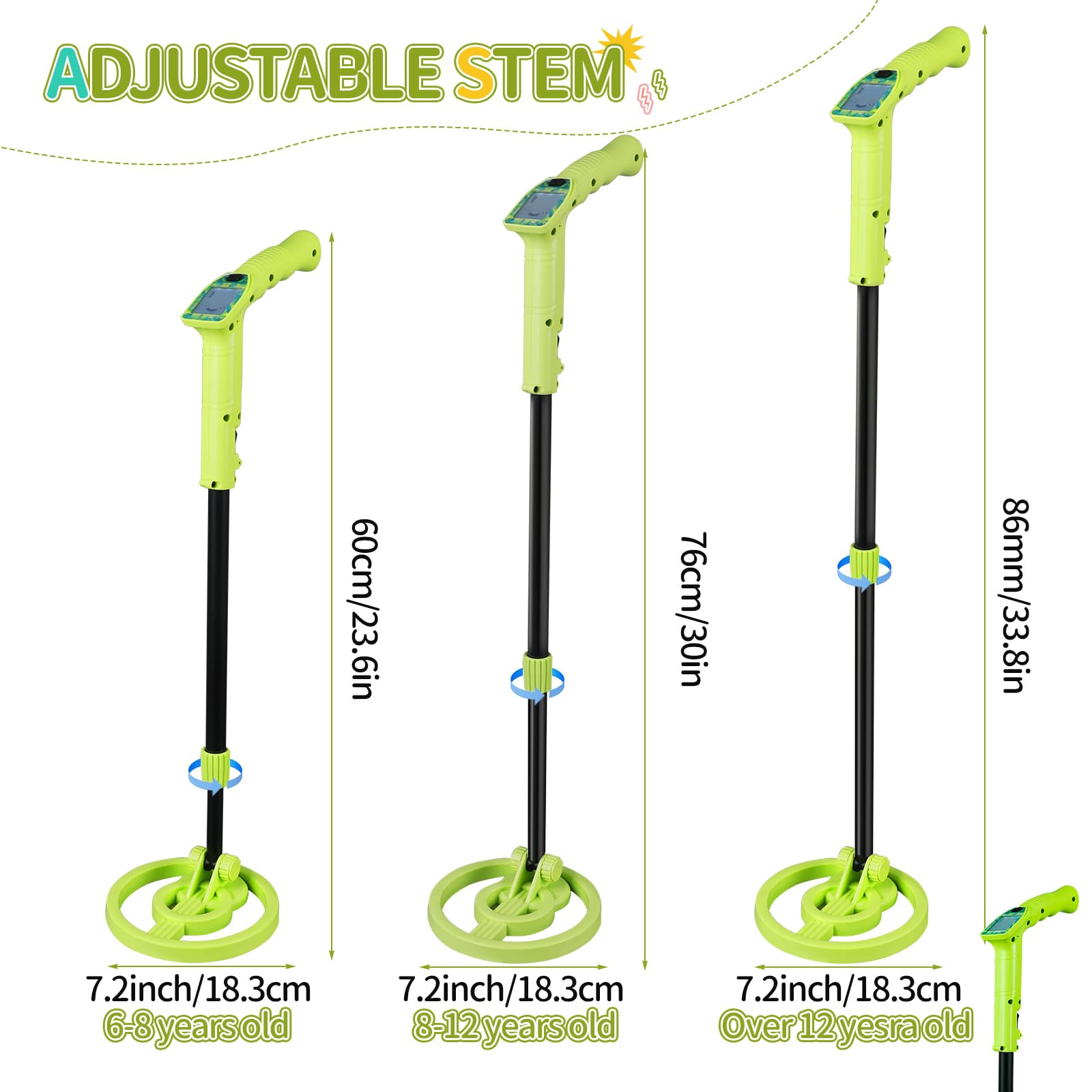 Rivelatore di metallo per bambini ad alta precisione con display LCD, 60-86 cm, regolabile, leggero, per esplorare all'aperto, regalo per bambini, principianti