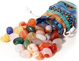 Colourful Gemstone Set, 380g Polished Lucky Stones with Ethnic Fabric Bag, Decorati…