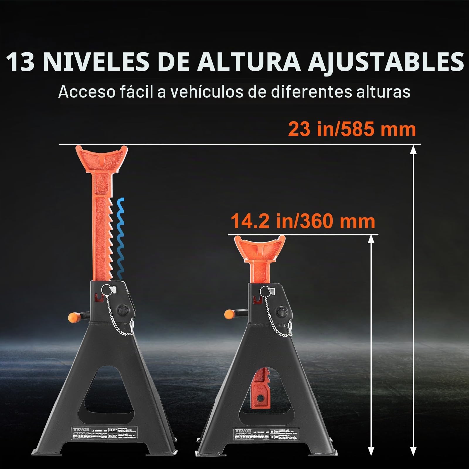 VEVOR Soportes de Gato Capacidad de 6 Toneladas (13,000 lbs) Soportes de Gato para Automóvil con Doble Bloqueo Altura Ajustable de 360-585 mm para Levantar SUV, Camioneta, Automóvil y UTV/ATV, 1 Par