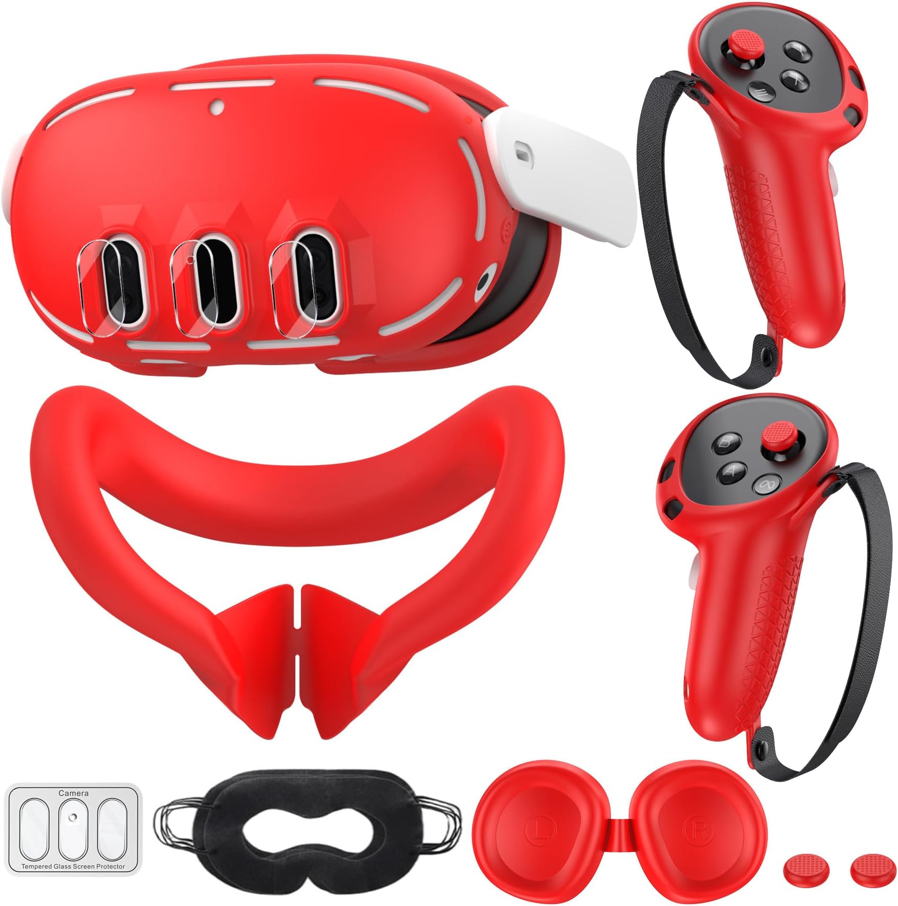 Silicone Cover Compatible with Meta/Oculus Quest 3 Accessories, VR Silicone Face Cover, VR Shell Cover,Touch Controller Grip Case,Camera Lens Protector Set (Red)