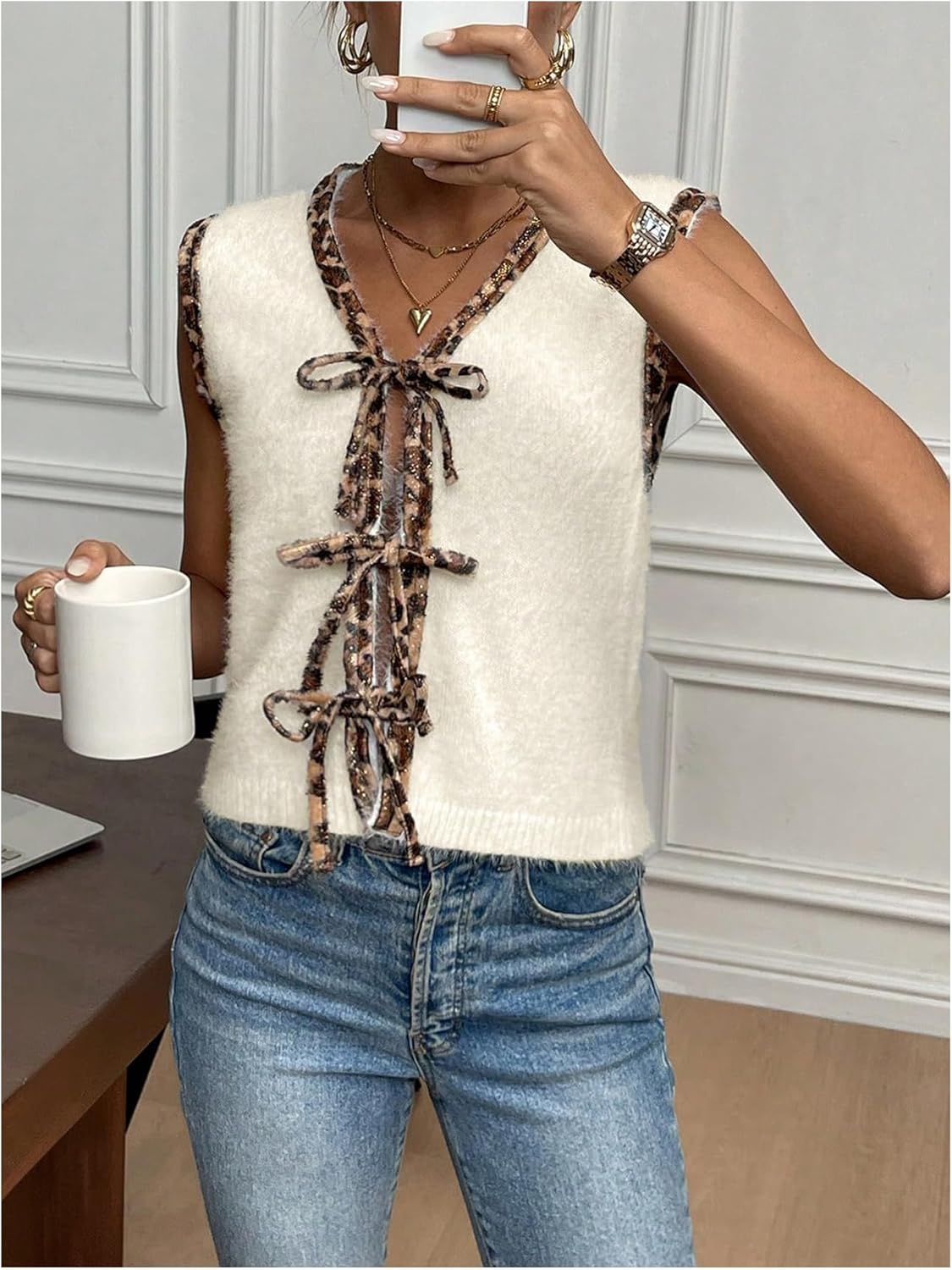 SHENHE Women's Bow Tie Front Sweater Vest Leopard Print Sleeveless Soft Knit Cardigan Vest - Image 3